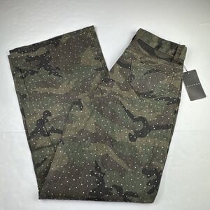 Sumwon Women Camo Pants 27 Cotton Rhinestone Y2K Wide Leg High‎ Rise Streetwear
